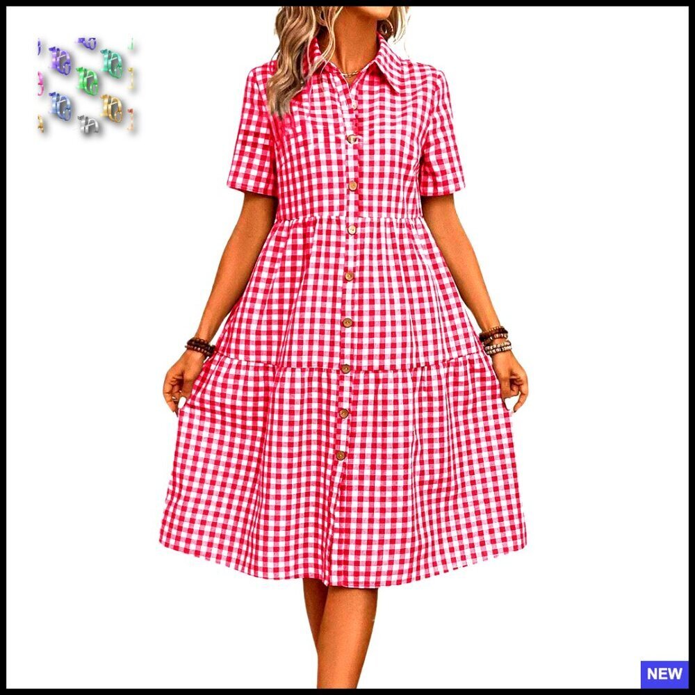 Plaid Button Down Shirt Dress Retro Gingham Tunic Midi Long Dress